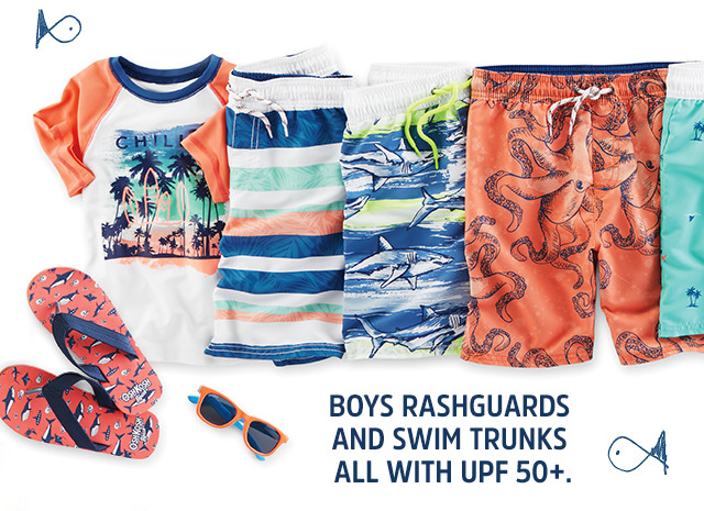 boys rashguards and swim trunks all with upf 50 .